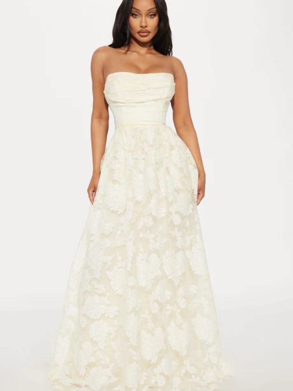 Fashion Nova Strapless Ivory Floral Lace Gown